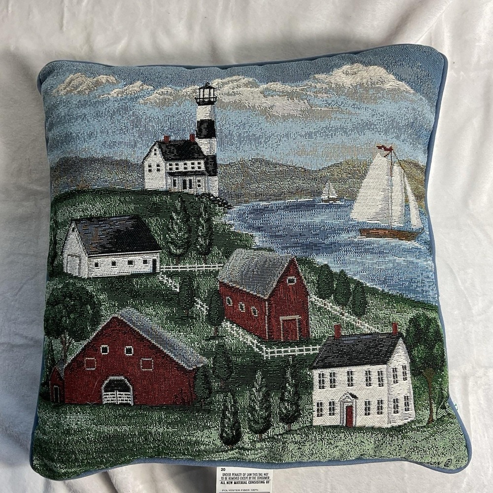 VTG Nautical Sailboat Lighthouse Pillow Coastal Blue 17" × 17" Beach Tapestry - Picture 3 of 7